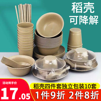 一次性餐具套装可降解饭盒碗筷杯勺子加厚餐盒打包盒 稻壳四件套装10套(碗+杯+碟+勺)【独立装】