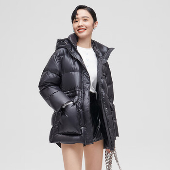 艾莱依eral短款服女装新款保暖鸭绒官方时尚冬季防风连帽外套炭黑180