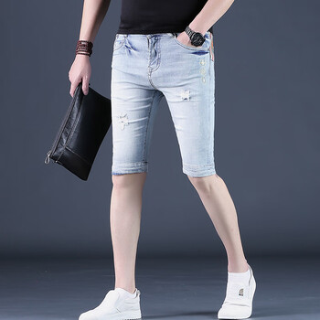 夏季牛仔短裤男士五分裤潮牌修身破洞中裤薄款5分休闲潮流半截裤复古