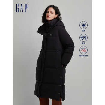 Gap女装秋季2023新款LOGO收腰发热保暖风衣式羽绒服720909外套 黑色 165/88A(S)