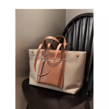 酷奇包包女款韩版牛皮撞色帆布牛津布托特包女大容量通勤包单肩手提包