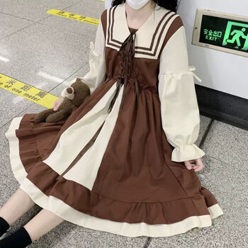 庄瑶洛丽塔公主裙早秋日系甜美撞色海军领绑带高腰荷叶边长袖显瘦深