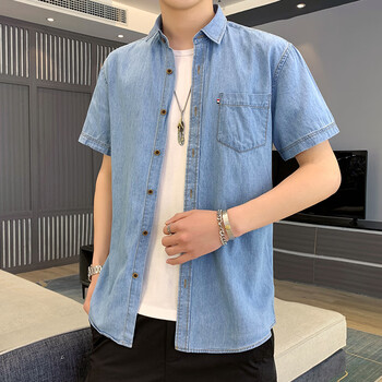 奥轩爵牛仔短袖衬衫男士夏季新款半袖衬衣外套潮流男装上衣服天蓝色xl