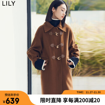 LILY2022冬新款女装舒适全绵羊毛复古牛角扣气质纯色长款毛呢外套 711深咖啡 M