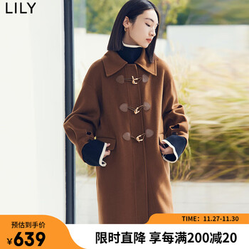LILY2022冬新款女装舒适全绵羊毛复古牛角扣气质纯色长款毛呢外套 711深咖啡 L