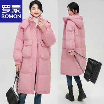 罗蒙冬季新款羽绒服女长款过膝连帽宽松韩版加厚保暖女装鸭绒外套粉色