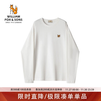 William fox&sons男装230G新疆双面棉空气层科技亲肤面料狐狸头刺绣打底衫长袖T恤 白色 XL/180