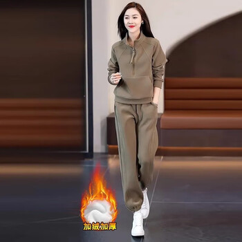 女士冬季加绒加厚小款卫衣卫裤运动服套装秋冬新款休闲时尚卡其色l