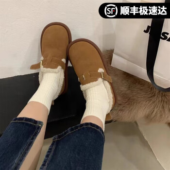 随澜加绒勃肯鞋女2023年新款复古一脚蹬豆豆鞋女冬平底保暖毛毛鞋 棕色 36
