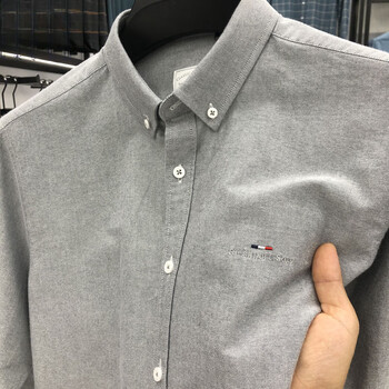 tommybull美国tommy汤米长袖纯色衬衫纯棉真刺绣衬衣休闲商务高端男