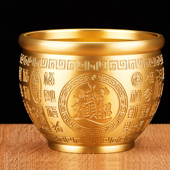 简美家黄铜米缸纯铜聚宝盆摆件百福财缸铜制品存钱罐公司乔迁工艺品摆件