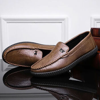 皮鞋男2023新款男鞋休闲豆豆鞋软皮软底防滑工作鞋中老年人爸爸鞋棕色