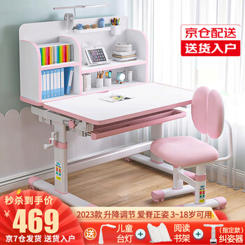 益威（EIEV）儿童学习书桌椅套装可升降中小学生桌椅子写字台课桌男女生手摇款 大容量桌面+加高书架+追背椅粉