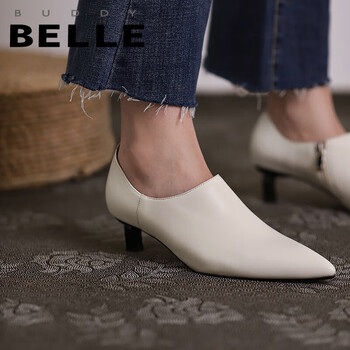 belle女鞋尖头细跟深口单鞋软皮休闲通勤百搭上班职业工作鞋 米白色