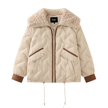 puella纯色加厚保暖冬季新款90白鸭绒羊羔毛翻领外套羽绒服阳光米1608