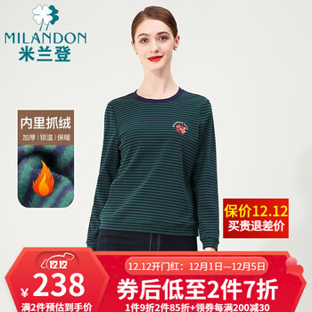 米兰登（MILANDON）冬季新款中老年女装妈妈装圆领条纹加绒保暖长袖针织T恤1L3T1120 绿兰条 3XL
