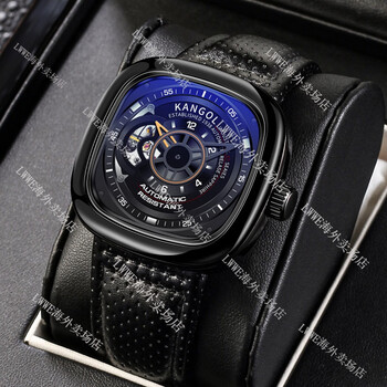 kangol优选好礼推荐国潮休闲学生自动机械表镂空大表盘方形手表男黑带