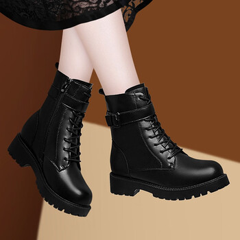 盾狐加绒保暖马丁靴女式圆头深口冬款加毛高帮皮鞋女装高腰工装女靴子
