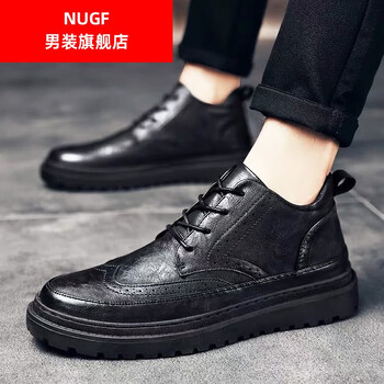 nugf高帮皮鞋男士新款马丁靴子布洛克商务短靴百搭鞋子男潮鞋休闲黑色
