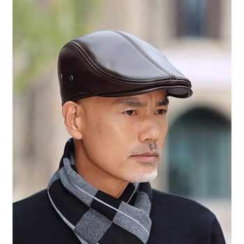 尚赫中老年人秋冬季鸭舌帽子男时尚保暖前进牛皮帽贝雷帽 深棕色头层牛皮 头层牛皮XL【57-58M】