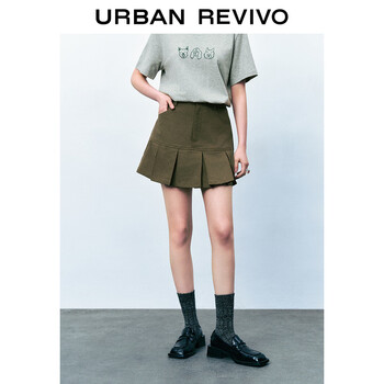 UR秋季新款女装街头风甜酷压褶A字廓形短半裙UYY540003 卡其绿 S