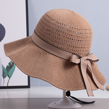 筑凡女士凉帽妈妈款夏天戴的卡其色棉麻荷叶边镂空遮阳帽春夏季