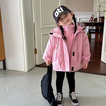 码女童冲锋衣儿童外套秋装新款三合一加绒防风衣中大童秋冬摇粉色90cm