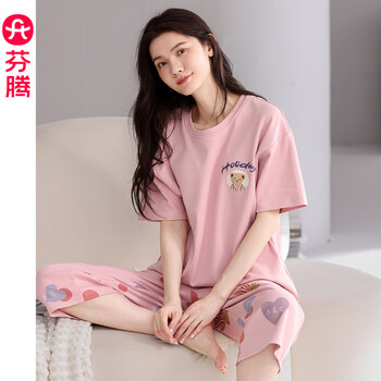 芬腾 100%棉睡衣女夏天纯棉短袖七分裤薄款大码家居服套装2024年 FX25920068豆沙红