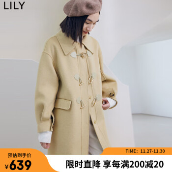 LILY2022冬新款女装舒适全绵羊毛复古牛角扣气质纯色长款毛呢外套 304黄绿 L