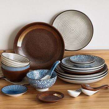 日式和风 陶趣居釉下彩陶瓷碗盘子家用碗盘碟餐具 向心圆 大盘19.8cm