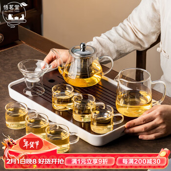 悟茗堂耐热高硼硅加厚玻璃泡茶壶花茶壶带过滤功夫茶具套装家用办公室 天玑玻璃茶具（9件）带盘