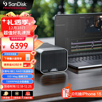 闪迪大师极锐 致镜12TB 双盘位企业级桌面移动硬盘 G-RAID™ 磁盘列阵 双雷电3接口 内置7200转 高速桌面存储