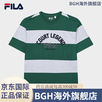 斐乐(fila)男子短袖t恤2024年春季休闲宽松条纹拼接网球运动上衣 仲夏