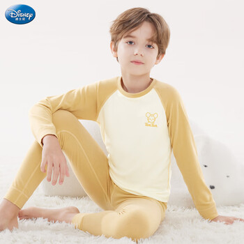 迪士尼 女童德绒内衣套装秋衣秋裤2025男青少年宝宝儿童装保暖居家睡衣裤 男童ST98096姜黄