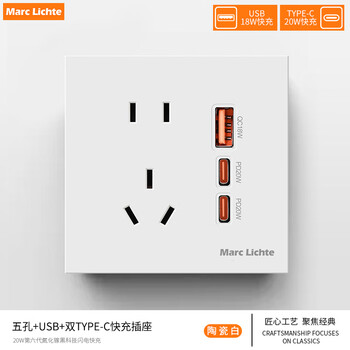 Marc lichte86型五孔USB+双type-c快充插座面板开关带USB接口手机充电插座 白色新国标五孔带usb+双type-c