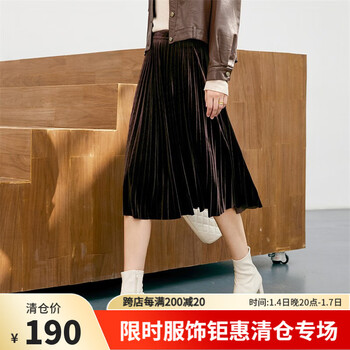 颜域时尚丝绒半身裙女冬装2023新款气质通勤显瘦简约A字百褶裙 咖色 XL