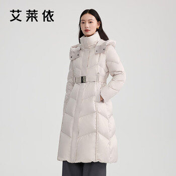 保暖服饰：ERAL 艾莱依 长款羽绒服鸭绒收腰显瘦气质风羽绒服女士可脱卸连帽外套时尚保暖 香槟灰 M 160