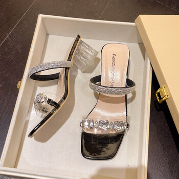 迈凯恩高跟水钻凉鞋女款夏季外穿气质透明一字带水晶跟粗跟法式绝美