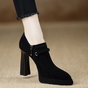 他她千金手工女鞋季粗跟羊猄皮单鞋舒适高跟防水台欧美棕色 黑色 34【