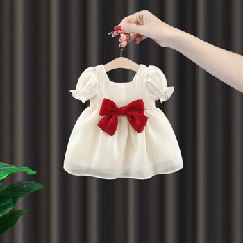 婴儿公主裙女孩可爱蝴蝶结小裙子米白色100码建议身高96105cm2530斤