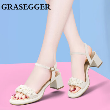 grasegger粗跟凉鞋女2024新款一字扣高跟鞋舒适外穿女鞋罗马时装鞋子