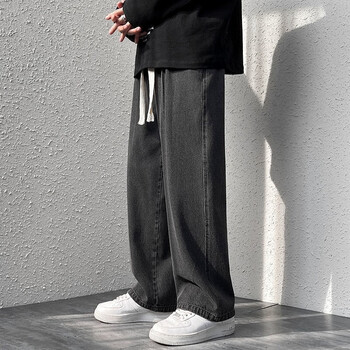 百鹊亭牛仔裤男2024春夏美式高街潮牌宽松直筒休闲裤男时尚阔腿长裤子男 黑灰色 XL