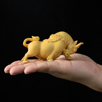 小叶黄杨木雕手把件家装摆件动物把件实木雕刻工艺品十二生肖牛 牛气