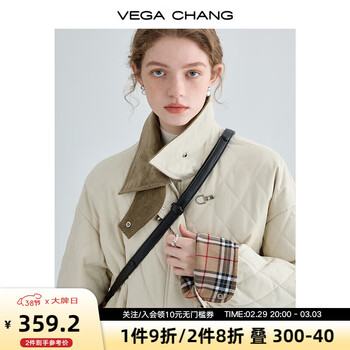 VEGA CHANG飞机扣棉衣女2023冬新款方领拼接菱格棉服外套ins潮 奶油米 L