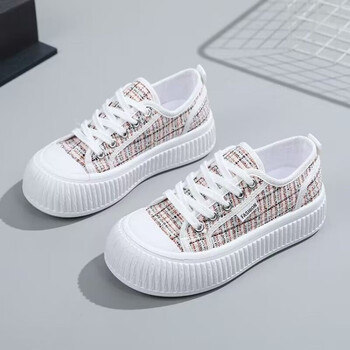 宇百伦夏季千鸟格帆布鞋圆头洋气休闲百搭饼干鞋学生轻便松糕板鞋鞋子
