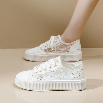 bolune)小白鞋女2024款夏季网鞋学生透气网面帆布鞋镂空休闲板鞋女 米