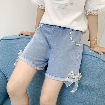 宾屏女童牛仔短裤夏装新款儿童休闲热裤中大童时尚收腰洋气潮裤子蝴蝶