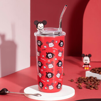 迪士尼不锈钢保温咖啡杯带盖带吸管儿童喝水杯子580ML红色