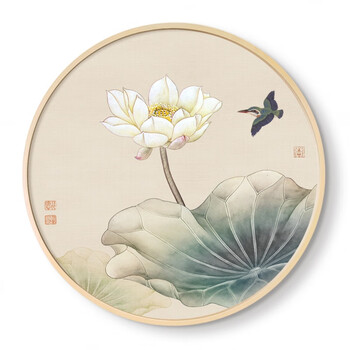 新中式心经挂画圆形实木框玄关墙画手绘水墨荷花挂画书房装饰画 a
