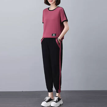 泉麟大码女裤200斤胖mm加肥加大微胖妹妹夏季短袖t恤运动裤女装宽松休